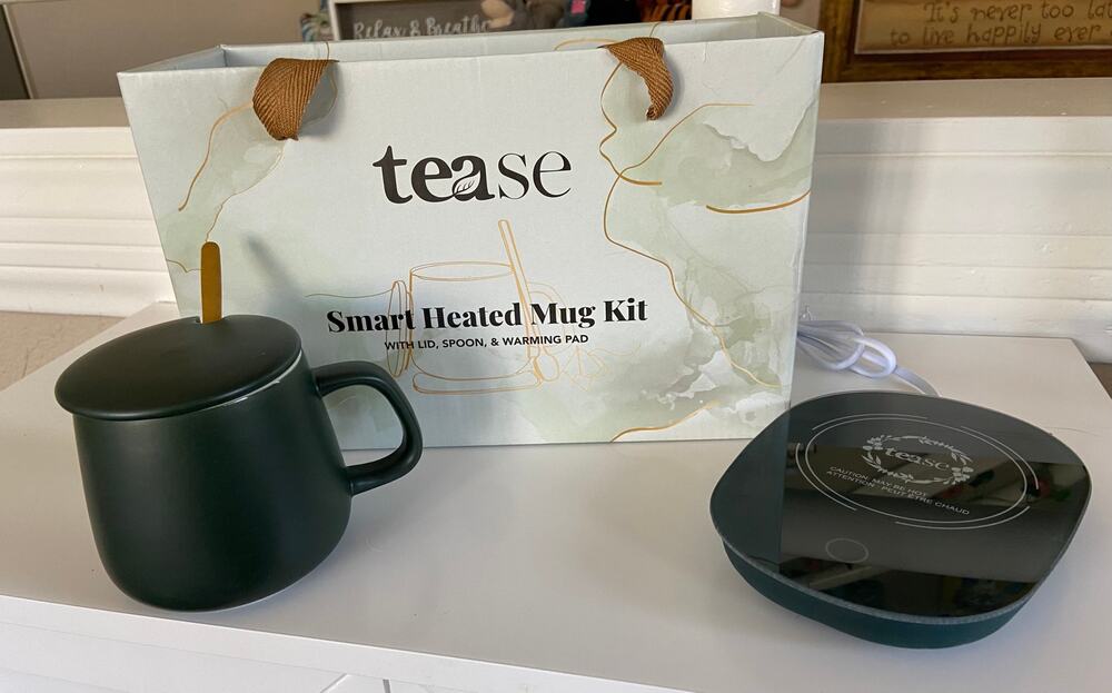 NEW Green Tease Smart Heated Covered Mug Tea Warming Set w/ Gold Spoon Gift